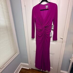 Vince Camuto Long Sleeve Ruched Gown Formal V-Neck Fuchsia Womens 6 NWT